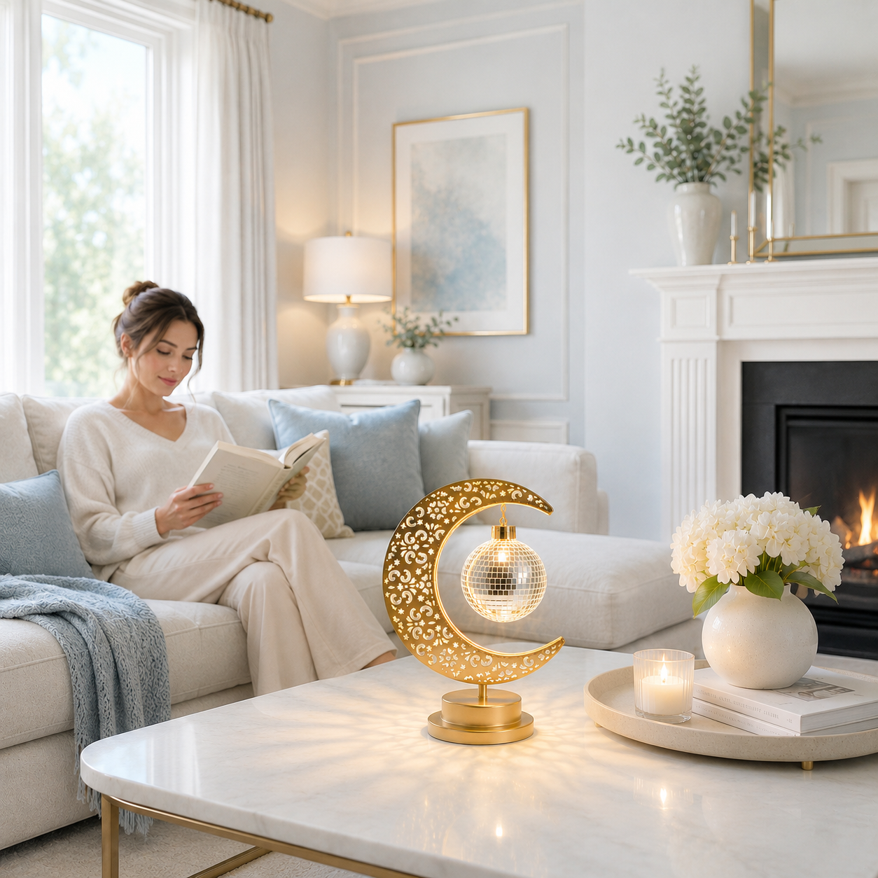 Femme lisant dans un salon lumineux avec la Lampe Lune Enchantée Boule Miroir dorée allumée sur une table basse, éclairage LED décoratif créant une ambiance chaleureuse, élégante et apaisante.