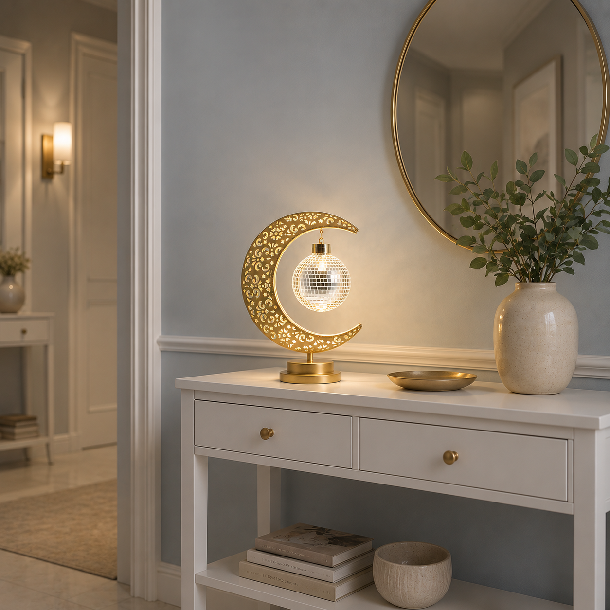 Lampe Lune Enchantée Boule Miroir dorée allumée sur une console blanche dans un hall d'entrée élégant, éclairage LED décoratif créant une ambiance chaleureuse et raffinée.