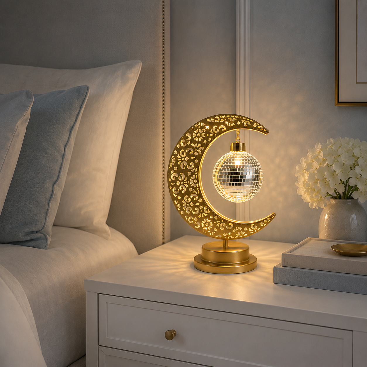 Lampe Lune Enchantée Boule Miroir dorée allumée sur une table de chevet blanche, éclairage LED décoratif créant une ambiance douce et apaisante dans une chambre élégante.
