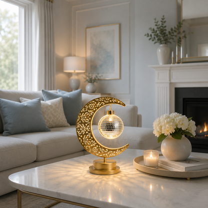 Lampe Lune Enchantée Boule Miroir dorée allumée sur une table basse en marbre dans un salon moderne, éclairage LED décoratif créant une ambiance chaleureuse et élégante.