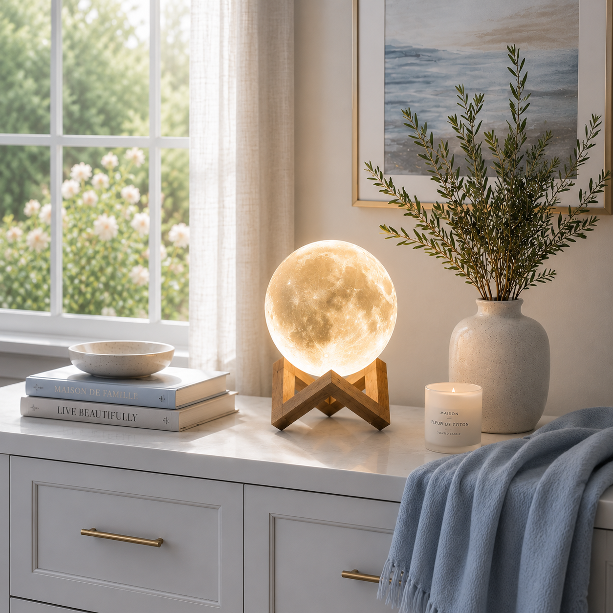 Lampe Lune 3D LED rechargeable sur un meuble blanc avec couverture bleu poudre, diffusant une lumière douce dans un intérieur moderne au style cosy, élégant et apaisant.