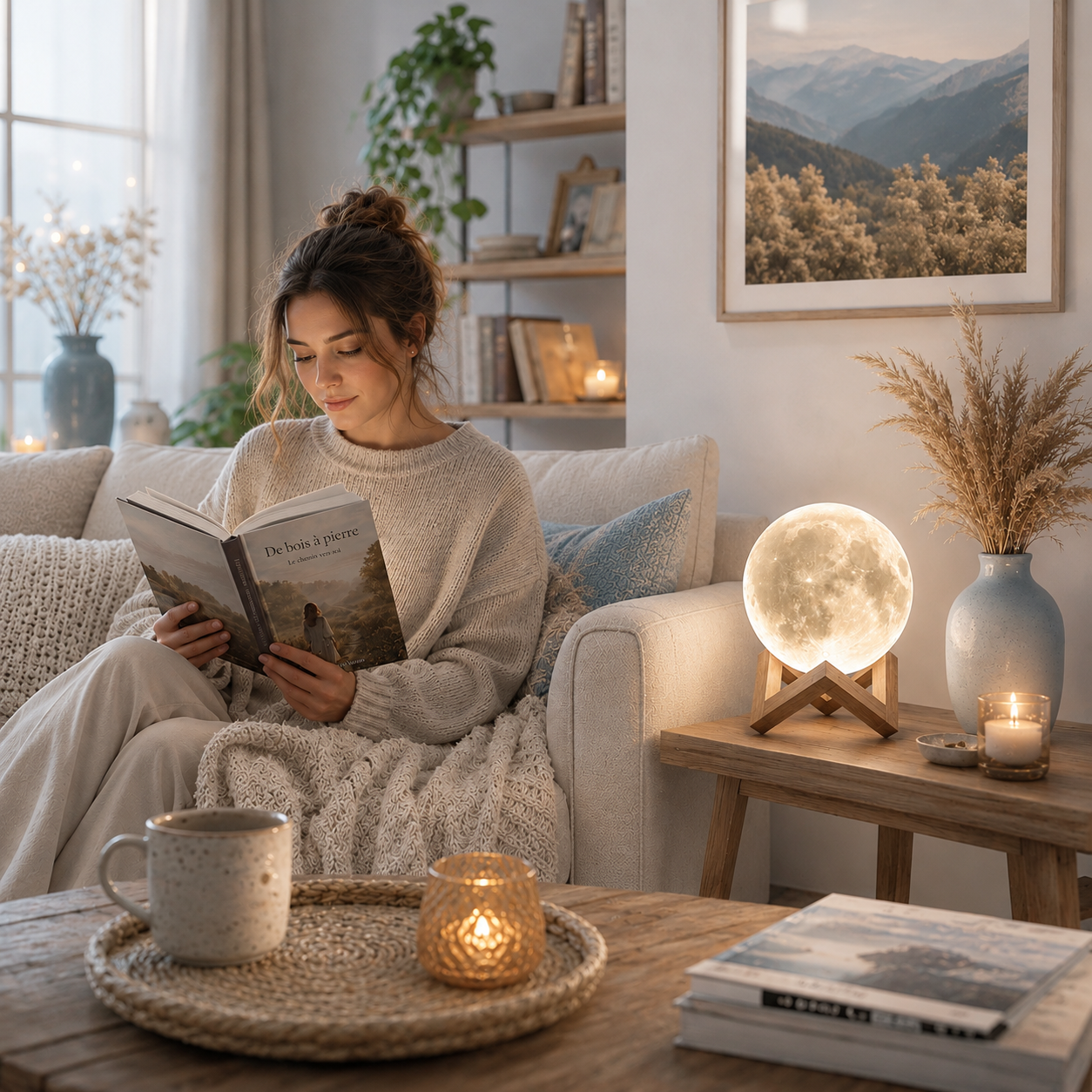 Lampe Lune 3D rechargeable avec support en bois éclairant un salon moderne où une femme lit un livre, parfaite pour une ambiance cosy, relaxante et une décoration intérieure haut de gamme.