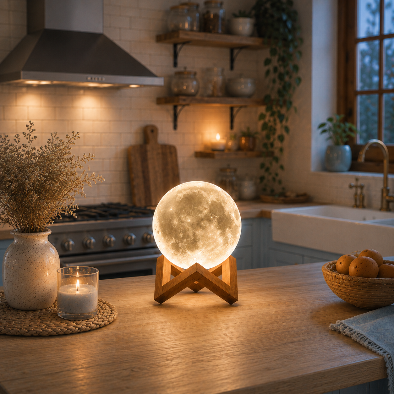 Lampe Lune 3D LED rechargeable illuminant un îlot de cuisine moderne avec une lumière douce et chaleureuse, idéale pour créer une ambiance cosy et une décoration intérieure élégante.