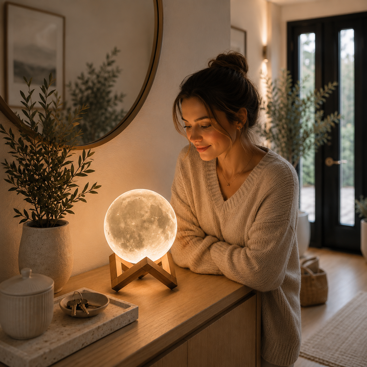 Lampe Lune 3D avec support en bois illuminant une console d'entrée où une femme profite d'une lumière apaisante, idéale pour une décoration intérieure moderne, une ambiance relaxante et un intérieur haut de gamme.