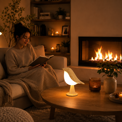Lampe oiseau diffuseur d’huiles essentielles avec éclairage LED d’ambiance sur table basse dans un salon cozy avec foyer, idéale pour créer un espace de détente et de bien-être à la maison