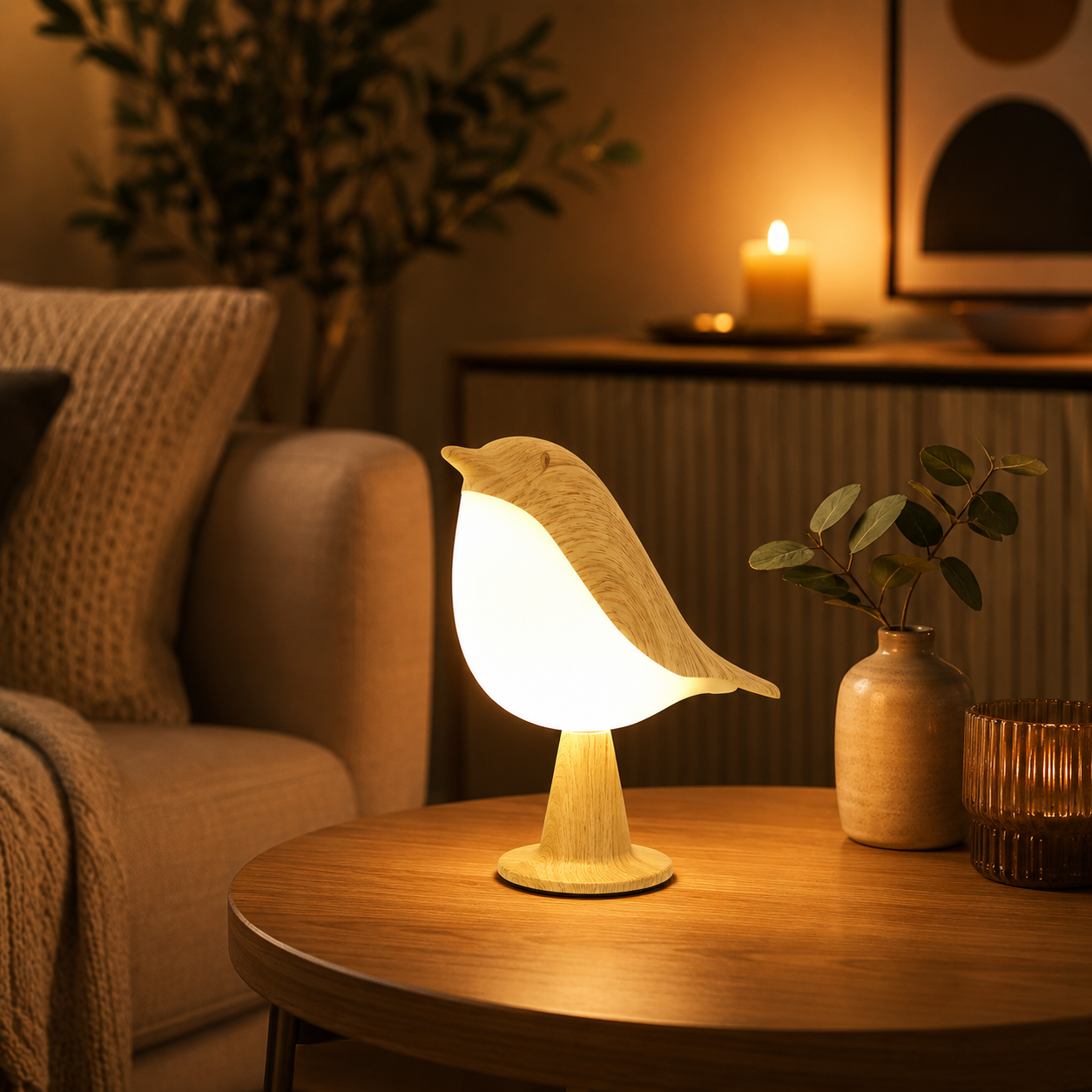 Lampe oiseau diffuseur d’huiles essentielles avec éclairage LED d’ambiance sur table basse dans un salon cosy, idéale pour créer une atmosphère relaxante et apaisante à la maison.