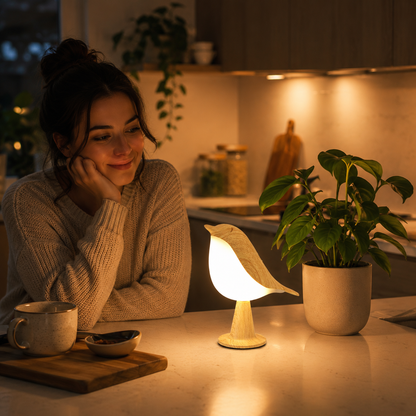 Lampe oiseau LED rechargeable avec lumière d’ambiance chaleureuse sur comptoir de cuisine, décoration intérieure zen avec plante verte et atmosphère relaxante.