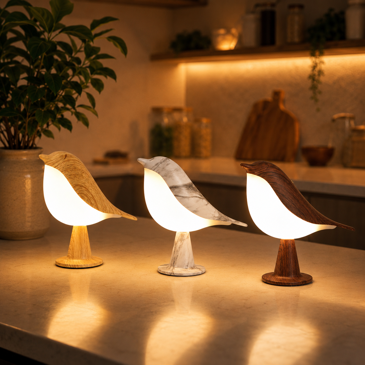 Collection de lampes oiseau diffuseurs d’huiles essentielles avec éclairage LED d’ambiance, disponibles en trois finitions décoratives : érable, marbre et bois foncé, idéales pour créer une atmosphère relaxante à la maison.