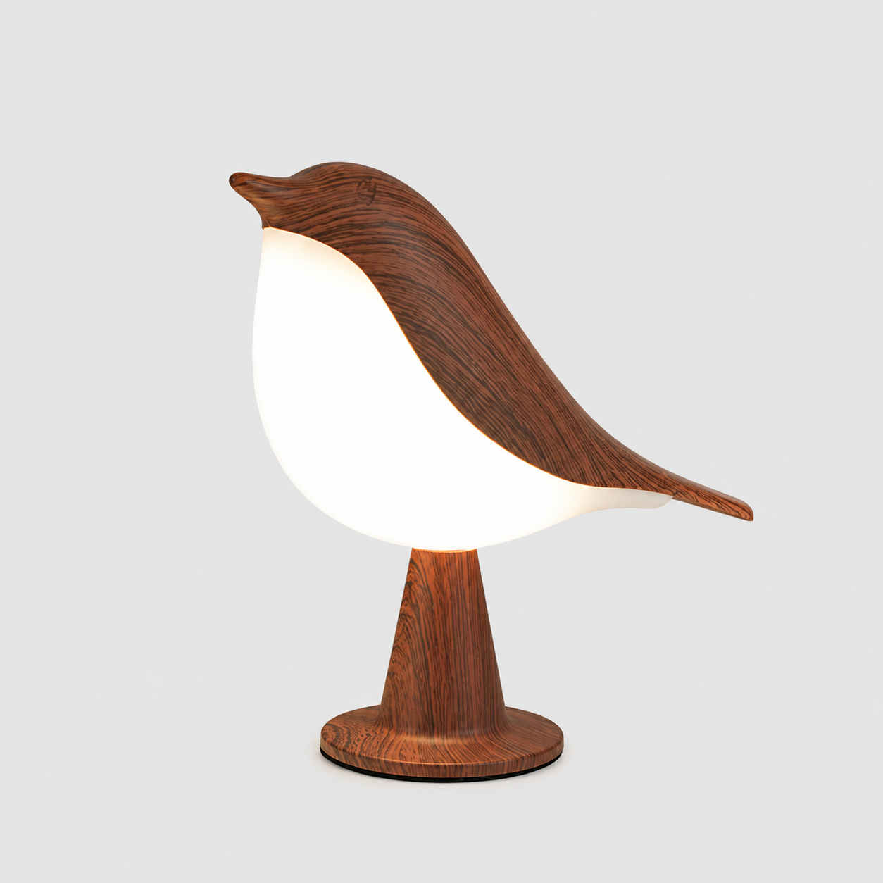 Lampe oiseau aromathérapie rechargeable USB couleur acajou, avec éclairage LED doux et design élégant effet bois naturel. Veilleuse diffuseur d’huiles essentielles décorative sur fond neutre, parfaite pour une ambiance chaleureuse et relaxante à la maison.