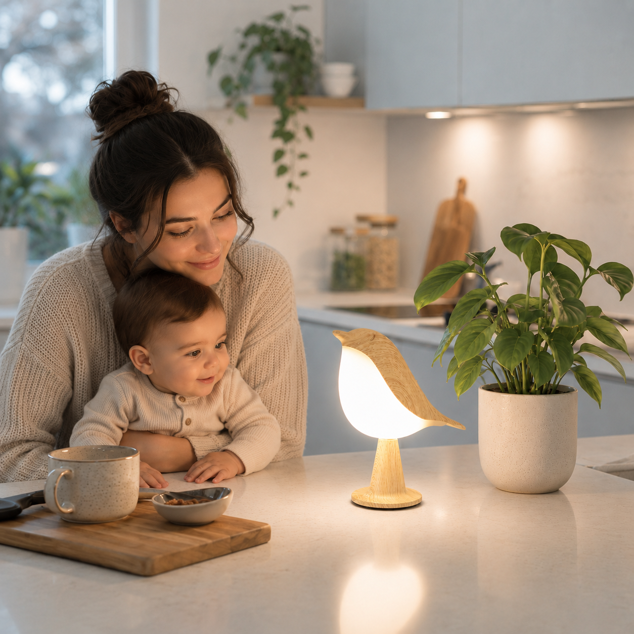 Lampe oiseau LED design en bois éclairant une maman et son bébé dans une cuisine moderne, éclairage d'ambiance chaleureux, décoration scandinave greige bleu poudre, lampe décorative pour la maison.