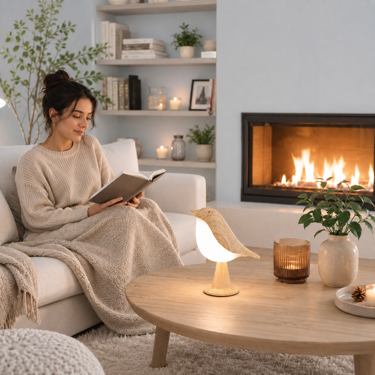 Lampe oiseau LED design en bois sur table basse de salon, éclairage d'ambiance chaleureux près d'un foyer, décoration scandinave greige bleu poudre, femme lisant dans un intérieur moderne et confortable.