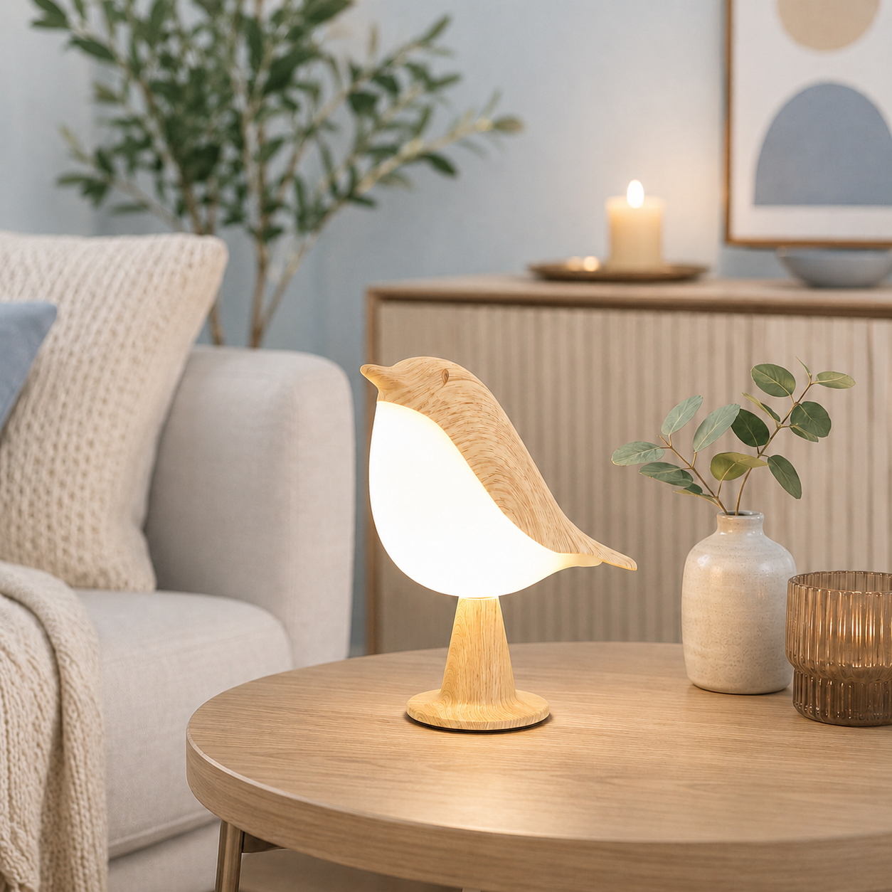 Lampe oiseau LED design en bois sur table basse de salon, éclairage d'ambiance chaleureux, décoration scandinave greige bleu poudre avec mobilier en bois clair et accessoires naturels.