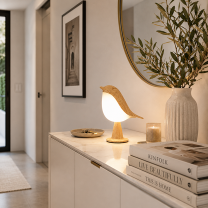Lampe oiseau LED design en bois sur console de hall d'entrée, éclairage d'ambiance chaleureux, décoration scandinave avec miroir, vase et mobilier blanc dans des tons greige bleu poudre.