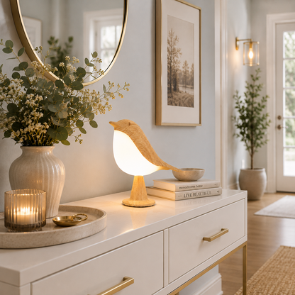 Lampe oiseau LED design en bois sur console d'entrée blanche, décoration scandinave greige bleu poudre, éclairage d'ambiance chaleureux pour hall d'entrée moderne.