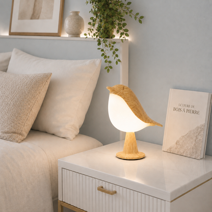 Lampe oiseau LED design en bois sur table de chevet dans une chambre élégante, éclairage d'ambiance chaleureux, décoration scandinave greige bleu poudre avec mobilier blanc et literie haut de gamme.