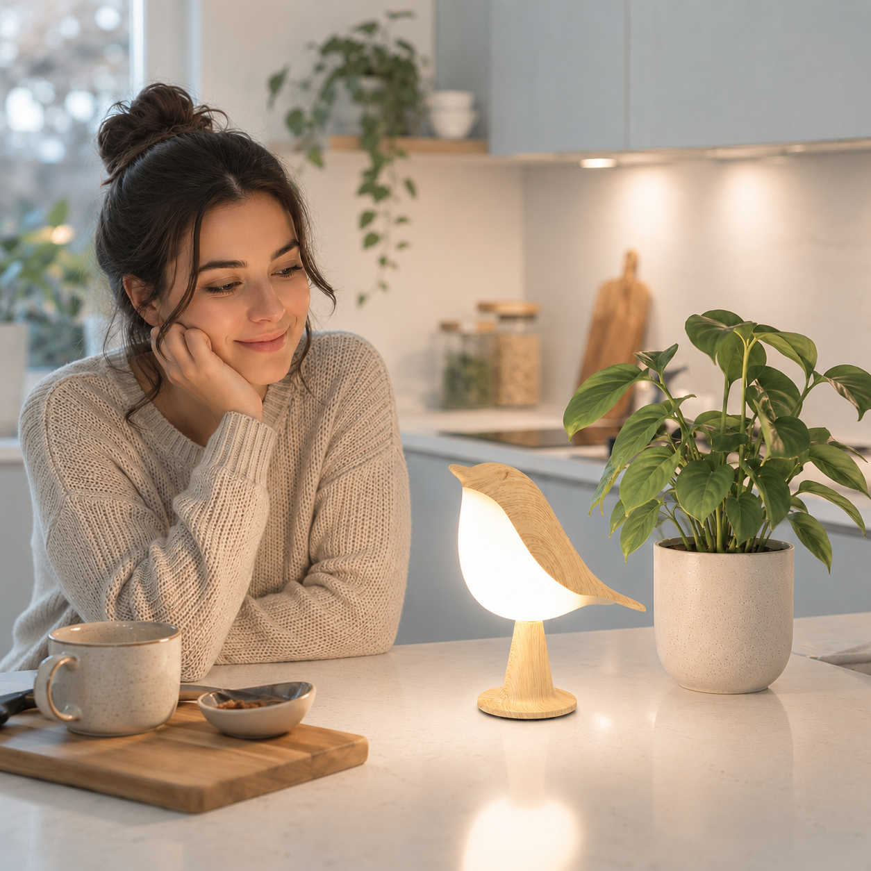 Lampe oiseau LED design en bois sur comptoir de cuisine moderne, éclairage d'ambiance chaleureux, décoration scandinave greige bleu poudre, idée cadeau pour la maison.