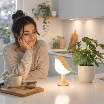 Lampe oiseau LED design en bois sur comptoir de cuisine moderne, éclairage d'ambiance chaleureux, décoration scandinave greige bleu poudre, idée cadeau pour la maison.