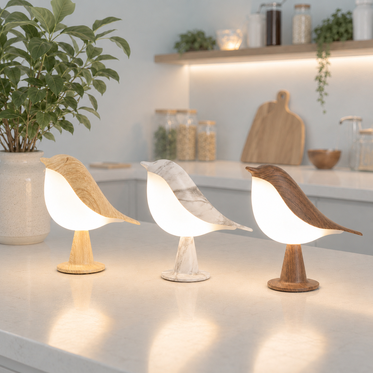 Collection de lampes oiseau LED décoratives en trois finis (bois naturel, marbre blanc et bois foncé) sur un comptoir de cuisine moderne au style scandinave.