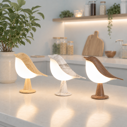 Collection de lampes oiseau LED décoratives en trois finis (bois naturel, marbre blanc et bois foncé) sur un comptoir de cuisine moderne au style scandinave.