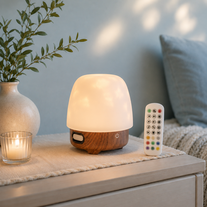 Lampe reflets d’eau décorative Luméa avec télécommande, lumière LED réglable et effet cristal, idéale pour créer une ambiance zen et relaxante dans une chambre contemporaine.