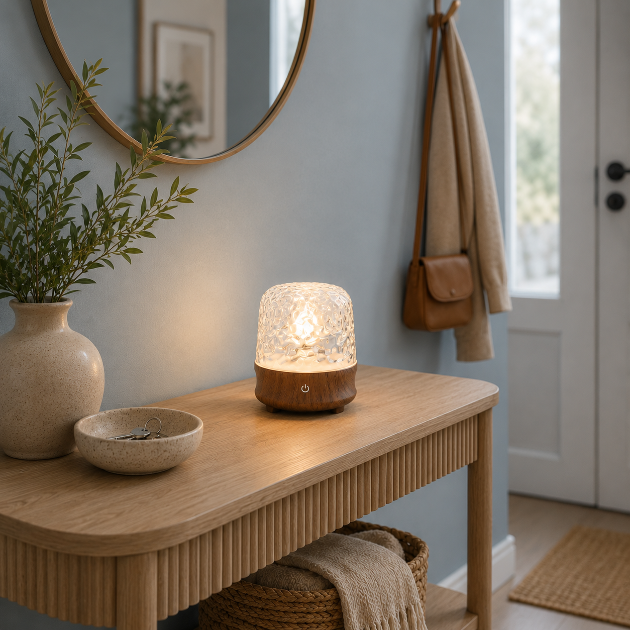 Lampe reflets d’eau décorative Luméa illuminant une console d’entrée avec une lumière LED effet cristal, créant une ambiance chaleureuse, élégante et accueillante dès l’entrée de la maison.