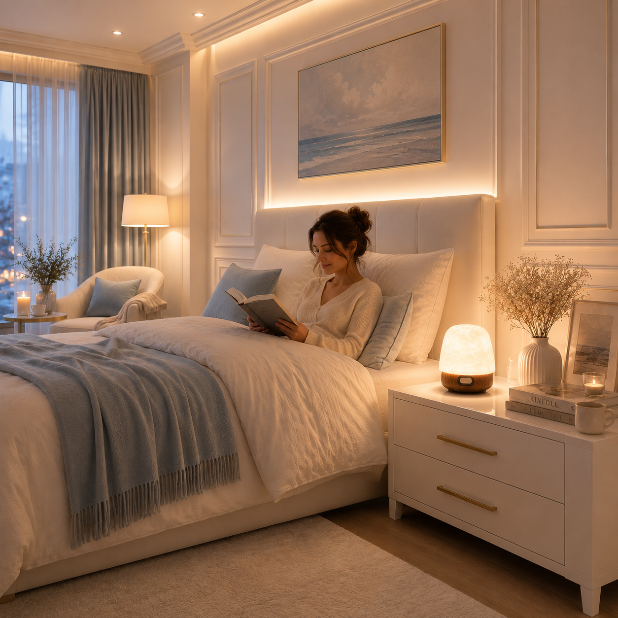 Lampe reflets d’eau décorative Luméa avec lumière LED effet cristal illuminant une chambre moderne aux tons greige et bleu poudre, parfaite pour une ambiance zen et relaxante.