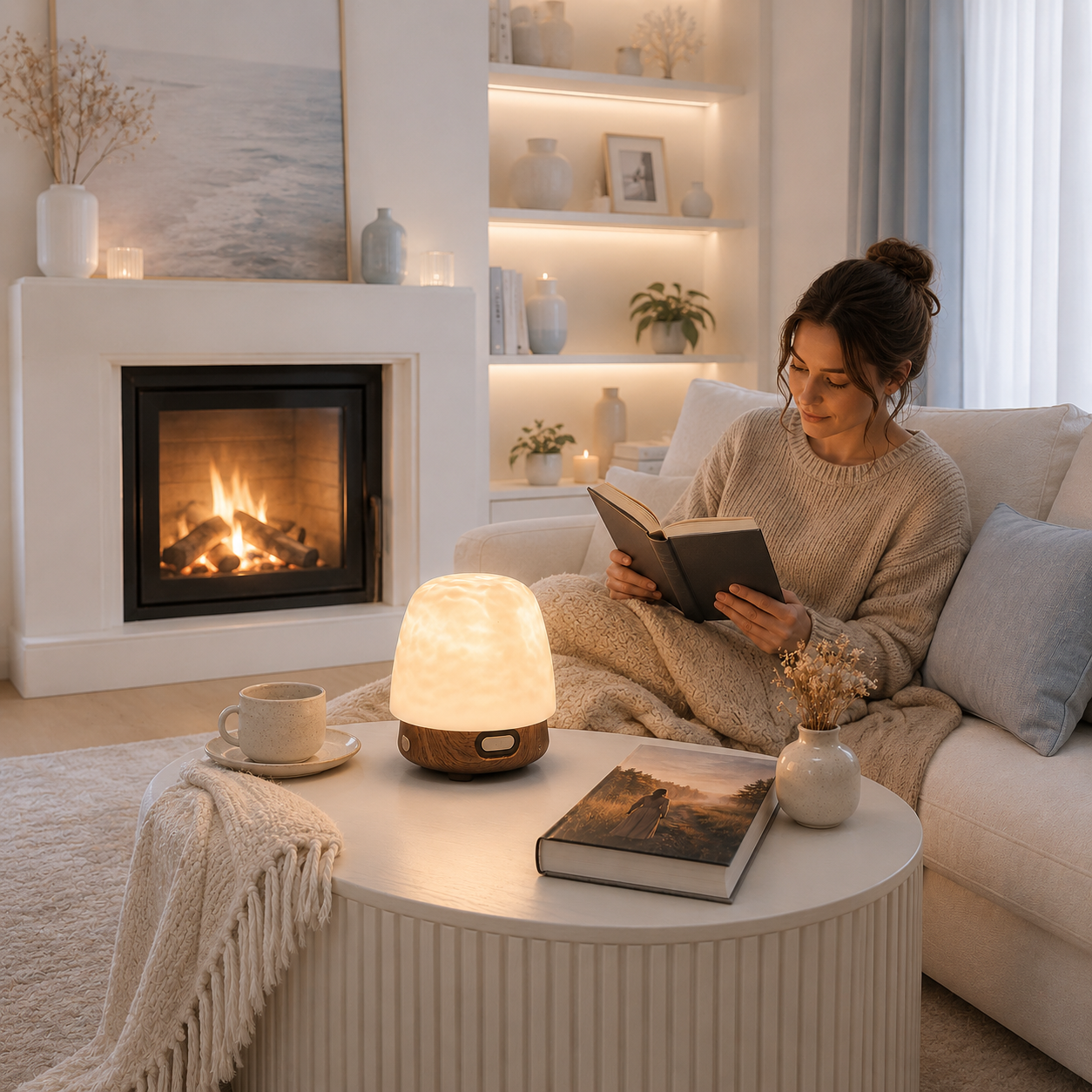 Lampe reflets d’eau décorative Luméa créant une ambiance relaxante dans un salon moderne avec foyer, idéale pour la détente, la lecture et la décoration intérieure.