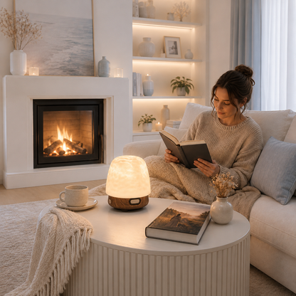 Lampe reflets d’eau décorative Luméa créant une ambiance relaxante dans un salon moderne avec foyer, idéale pour la détente, la lecture et la décoration intérieure.