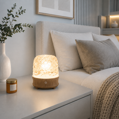 Lampe reflets d’eau LED Luméa diffusant une lumière douce sur une table de chevet dans une chambre moderne aux tons greige, créant une ambiance apaisante et chaleureuse.