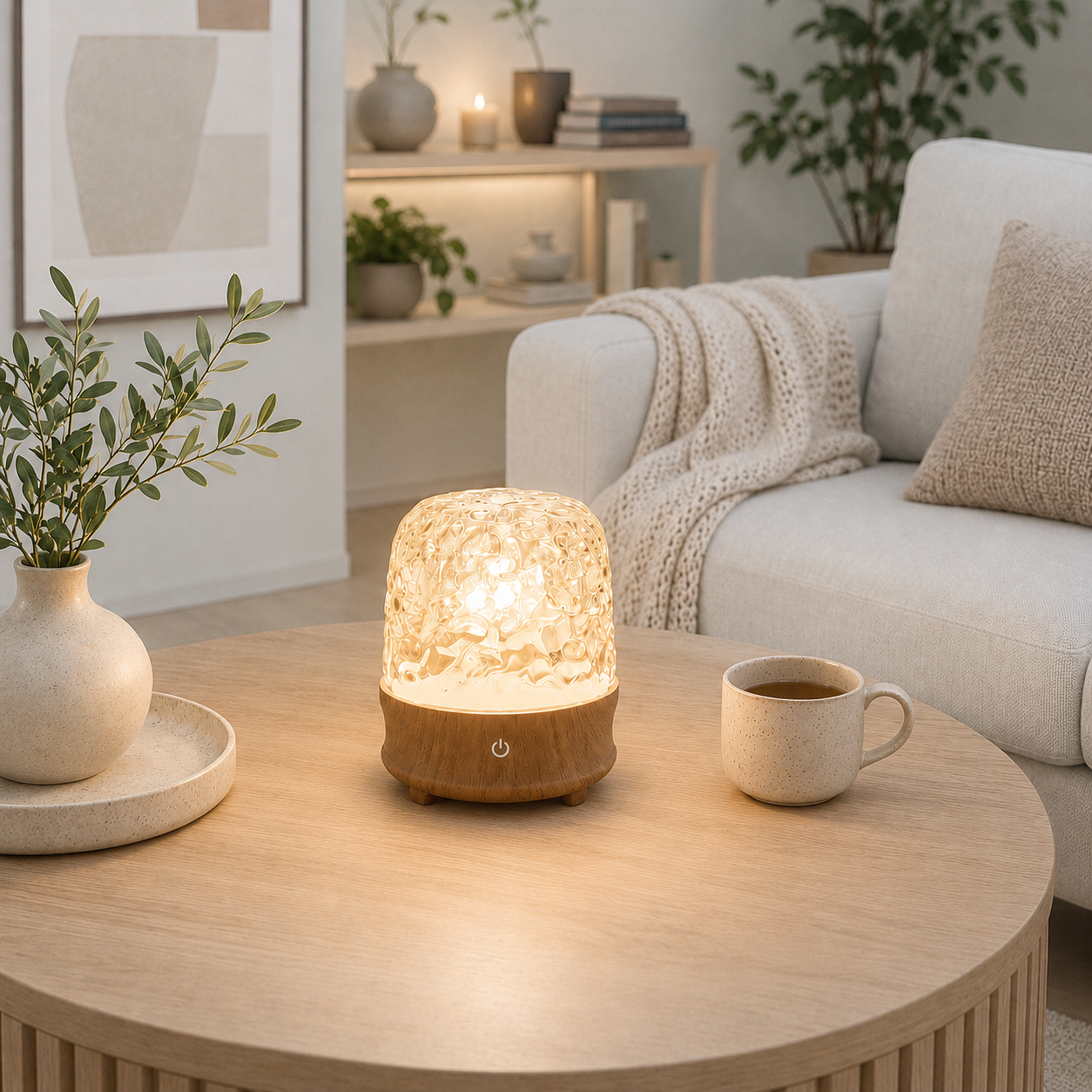 Lampe reflets d’eau LED Luméa diffusant une lumière douce sur une table de salon dans un intérieur moderne aux tons greige, créant une ambiance chaleureuse et relaxante.