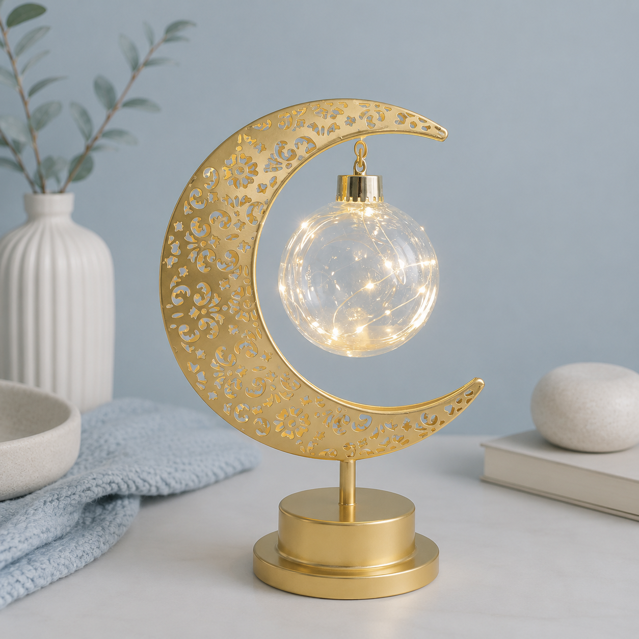 Lampe Lune Enchantée Boule Transparente dorée allumée avec boule lumineuse en verre suspendue, éclairage LED décoratif sur fond greige bleu poudre, idéale pour le salon, la chambre ou le bureau.