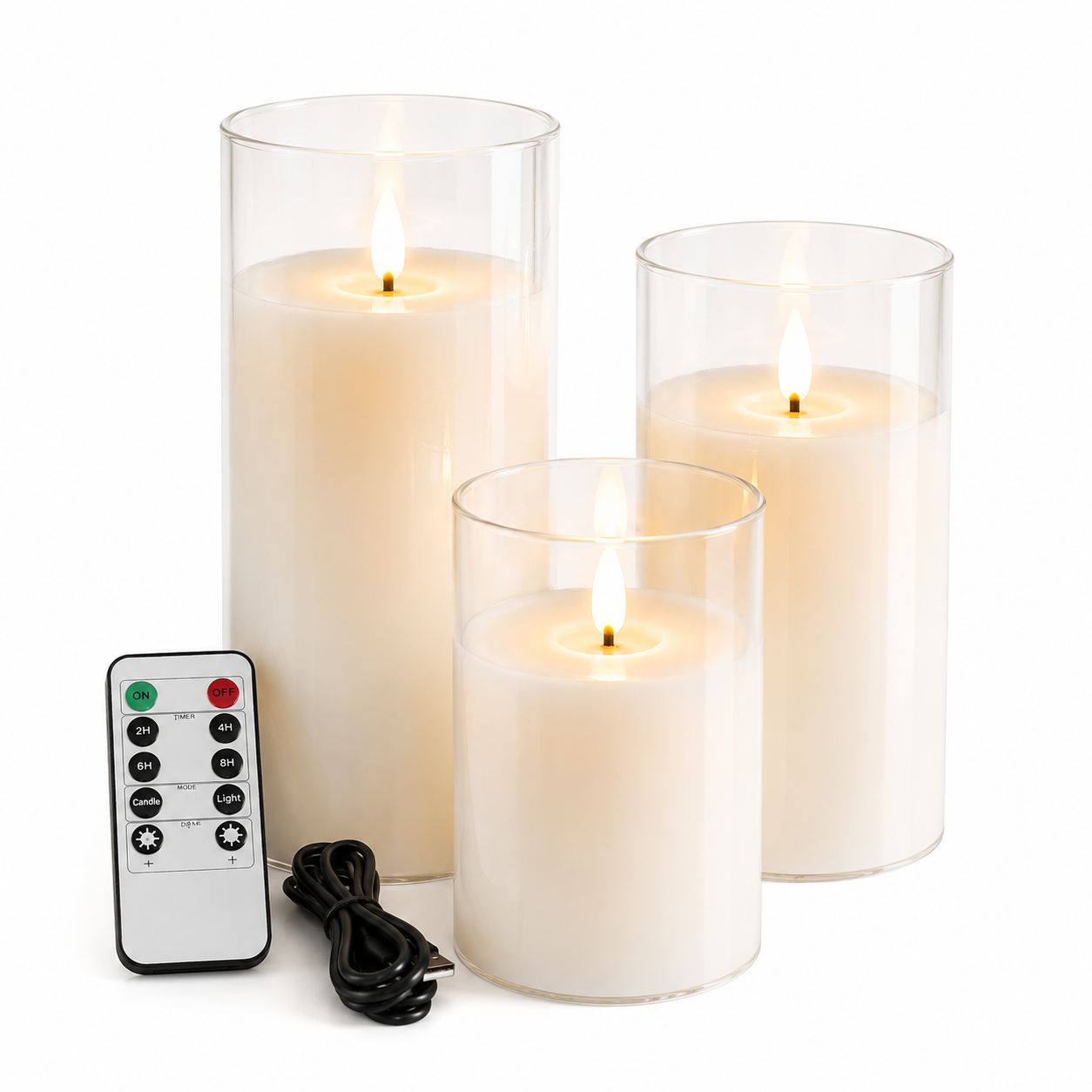 Ensemble de 3 bougies LED rechargeables en verre transparent avec effet flamme réaliste, présenté sur fond blanc avec télécommande multifonction et câble USB inclus. Les trois bougies décoratives de différentes hauteurs diffusent une lumière douce et chaleureuse. Elles sont sans flamme, rechargeables par USB, équipées d'une minuterie programmable et d'une intensité lumineuse réglable pour créer une ambiance élégante, sécuritaire et apaisante dans toutes les pièces de la maison.