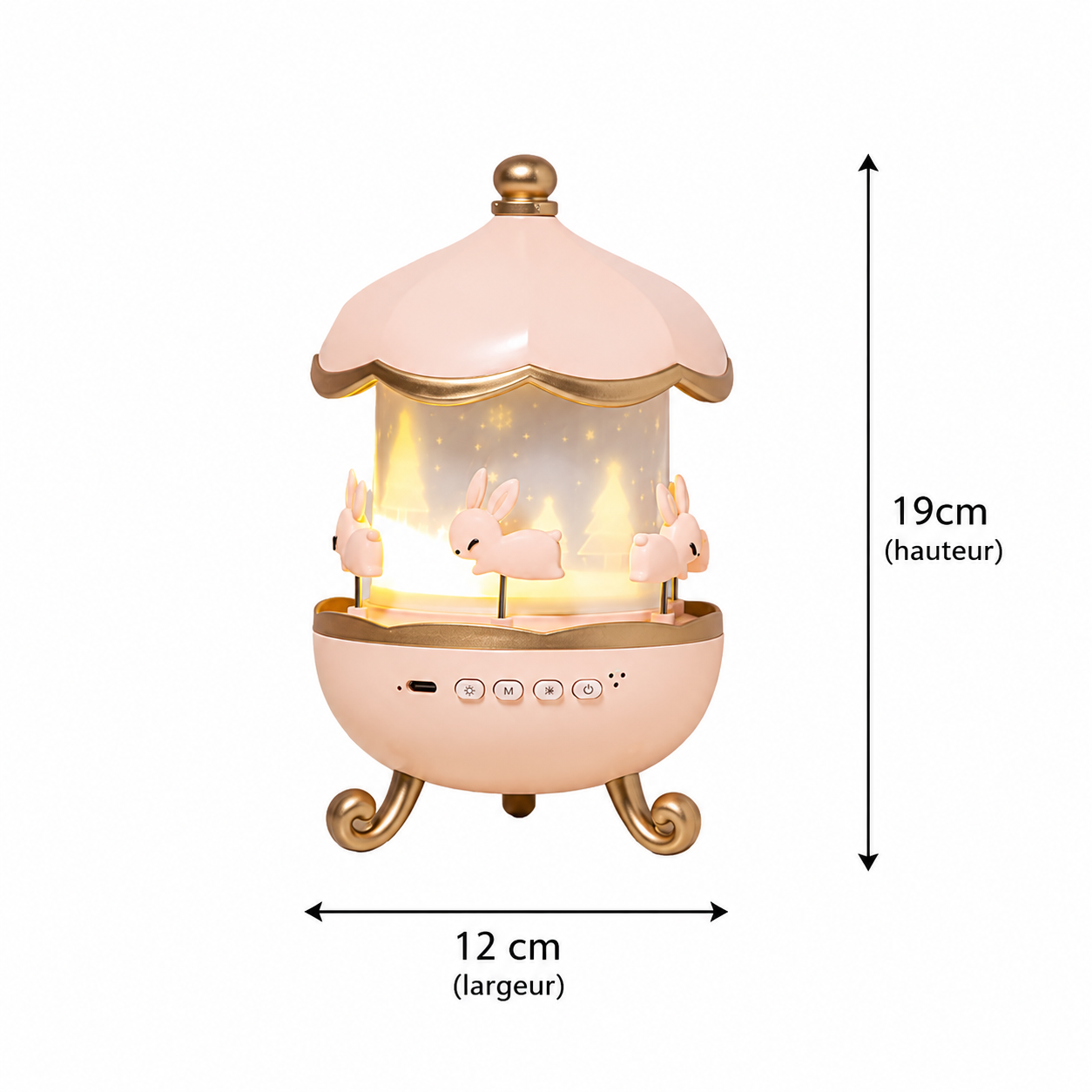 Veilleuse projecteur carrousel rose avec lapins décoratifs, lumière chaleureuse et dimensions illustrées de 19 cm de hauteur par 12 cm de largeur sur fond blanc.