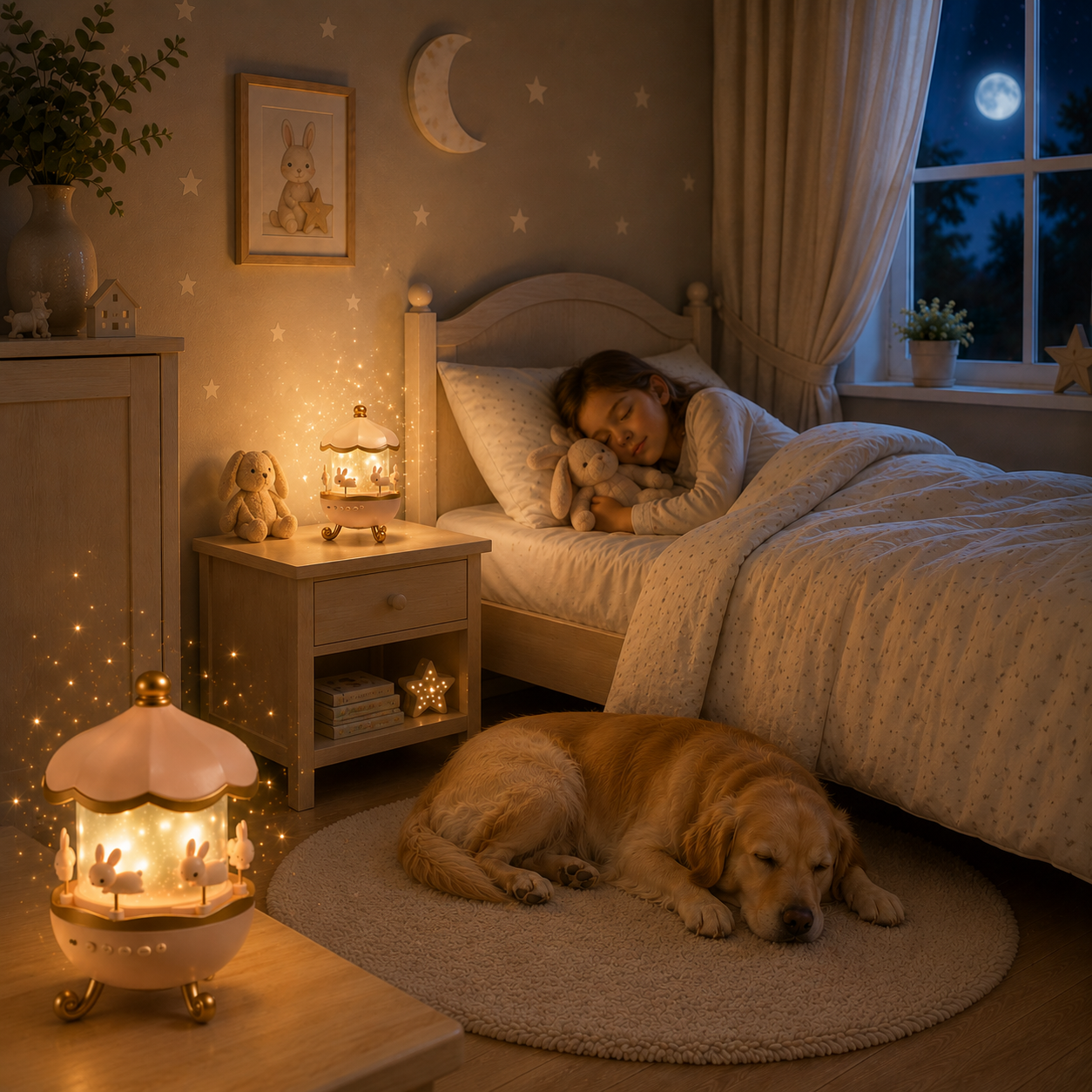 Gros plan d'une veilleuse carrousel projecteur à lumière chaude dans une chambre d'enfant où une petite fille dort paisiblement avec son lapin en peluche tandis qu'un Golden Retriever repose au pied du lit.