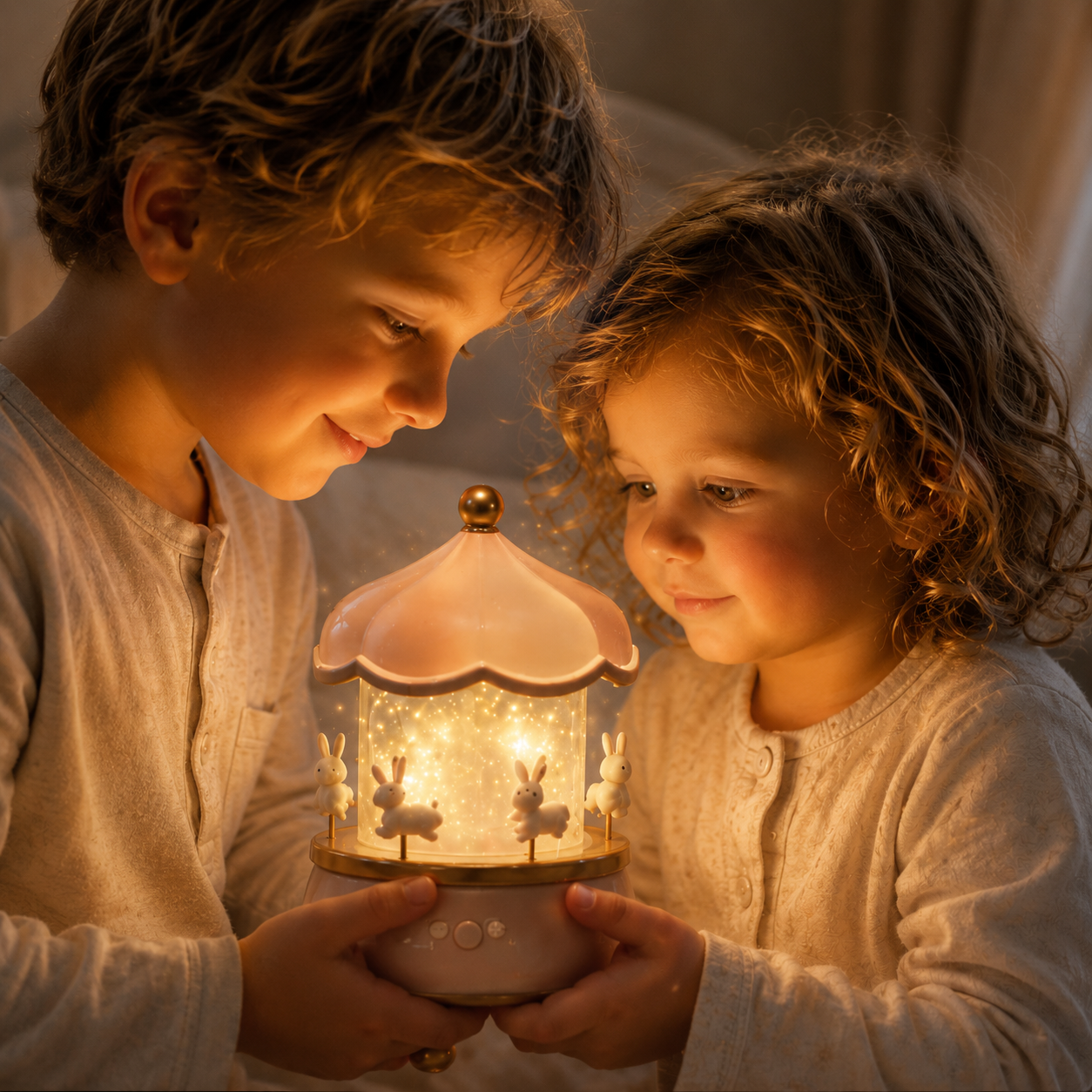 Gros plan sur deux enfants admirant une veilleuse carrousel projecteur rechargeable avec lumière LED chaude. Son design en forme de carrousel et ses petits lapins diffusent une lumière apaisante pour accompagner le coucher des enfants.