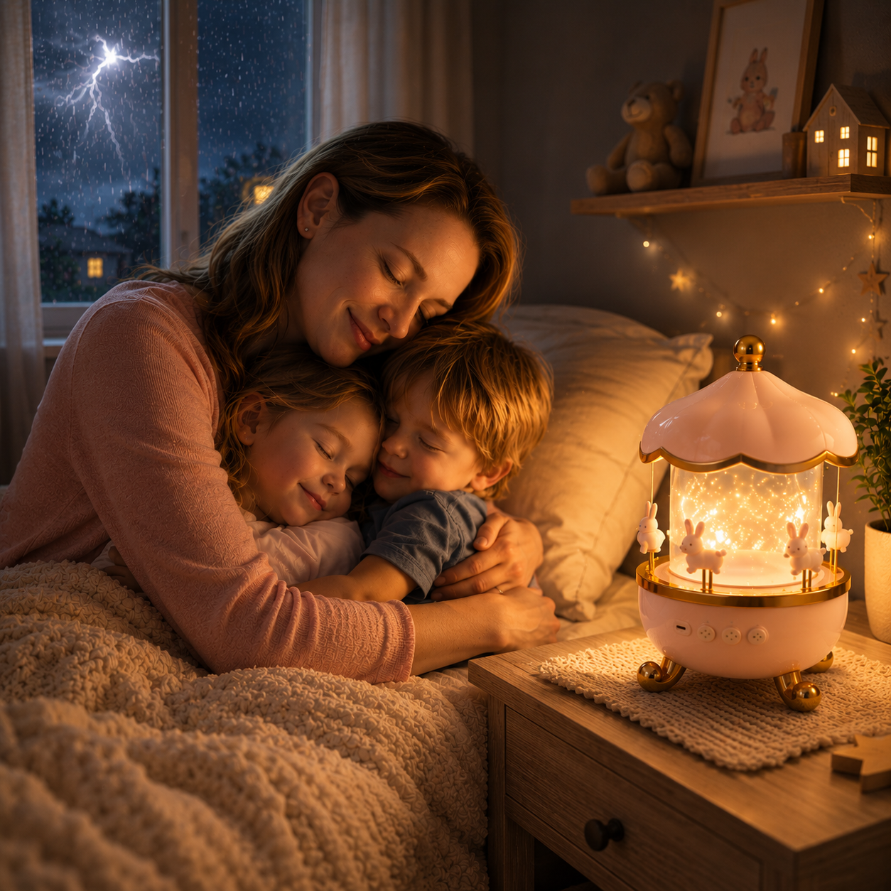 Veilleuse carrousel projecteur rechargeable à lumière LED chaude sur une table de nuit, éclairant une maman et ses deux enfants blottis ensemble pendant un orage. Lampe de nuit apaisante idéale pour rassurer les enfants au coucher et créer une ambiance douce dans une chambre d'enfant.