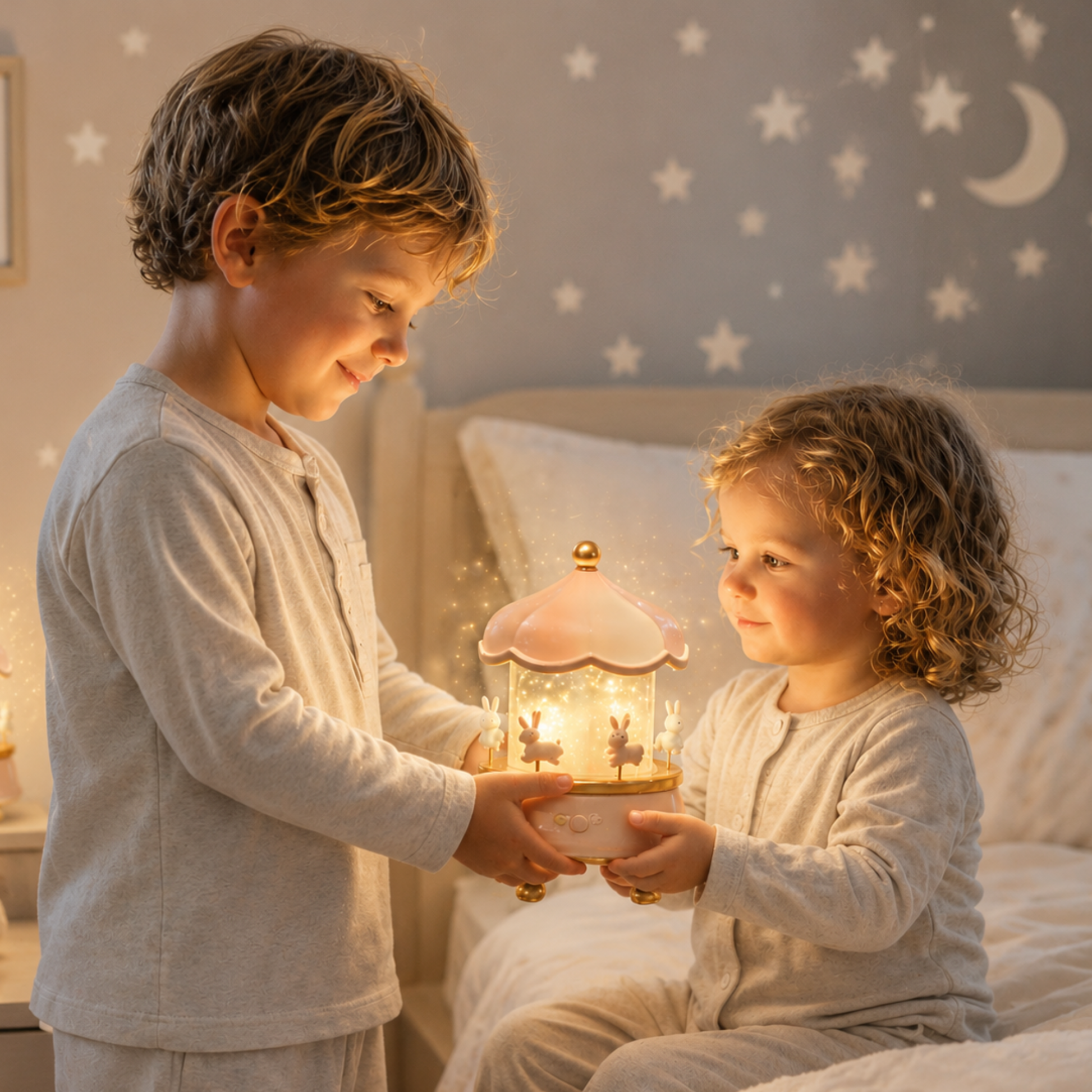 Veilleuse carrousel projecteur rechargeable tenue par deux enfants dans une chambre d'enfant. Sa lumière LED chaude et son design avec petits lapins apportent une ambiance apaisante, idéale pour rassurer les tout-petits au moment du coucher et favoriser un sommeil paisible.