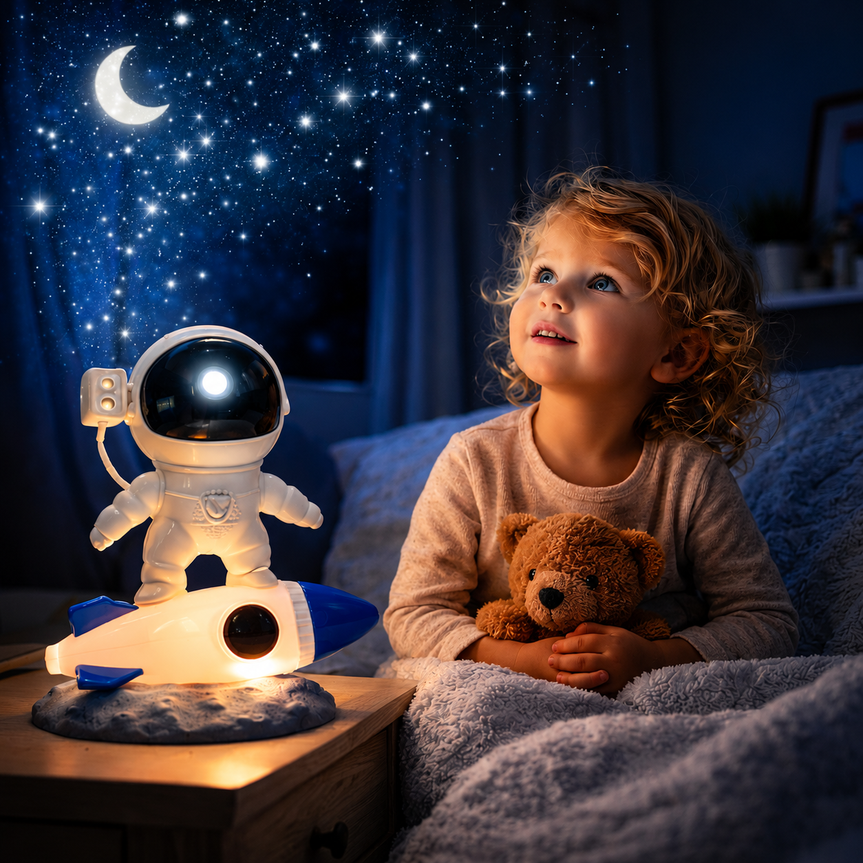 Veilleuse projecteur astronaute fusée diffusant un ciel étoilé dans une chambre d'enfant, avec une fillette tenant son ours en peluche avant le coucher.
