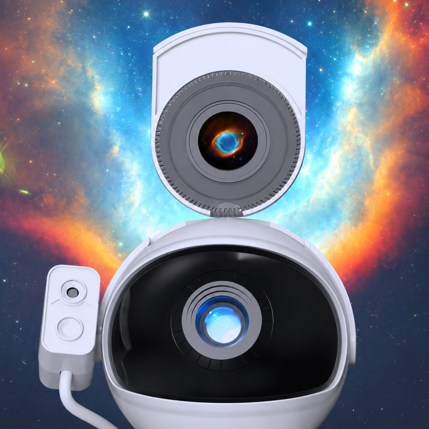 Veilleuse projecteur astronaute avec disque de projection interchangeable, permettant de créer des projections de galaxies et d'étoiles dans une chambre d'enfant.