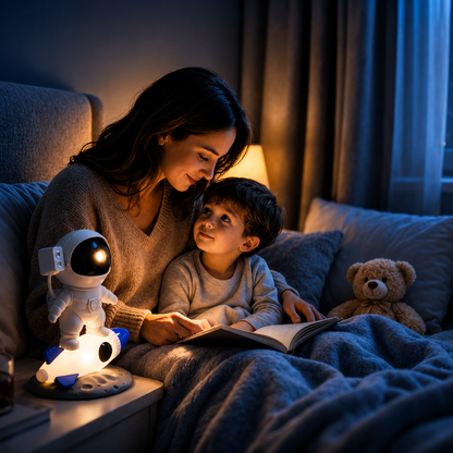 Veilleuse projecteur astronaute fusée accompagnant le rituel du coucher, avec une maman lisant une histoire à son enfant dans une chambre chaleureuse et apaisante.