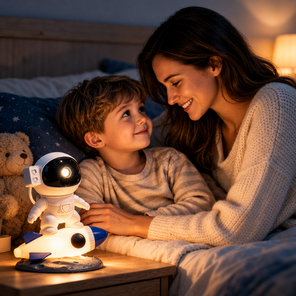 Veilleuse projecteur astronaute fusée sur une table de nuit avec une maman et son enfant, créant une ambiance chaleureuse et apaisante pour le rituel du coucher.