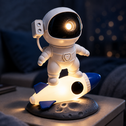 Veilleuse projecteur astronaute fusée LED avec lumière douce sur table de nuit, idéale pour rassurer les enfants et favoriser un endormissement paisible.