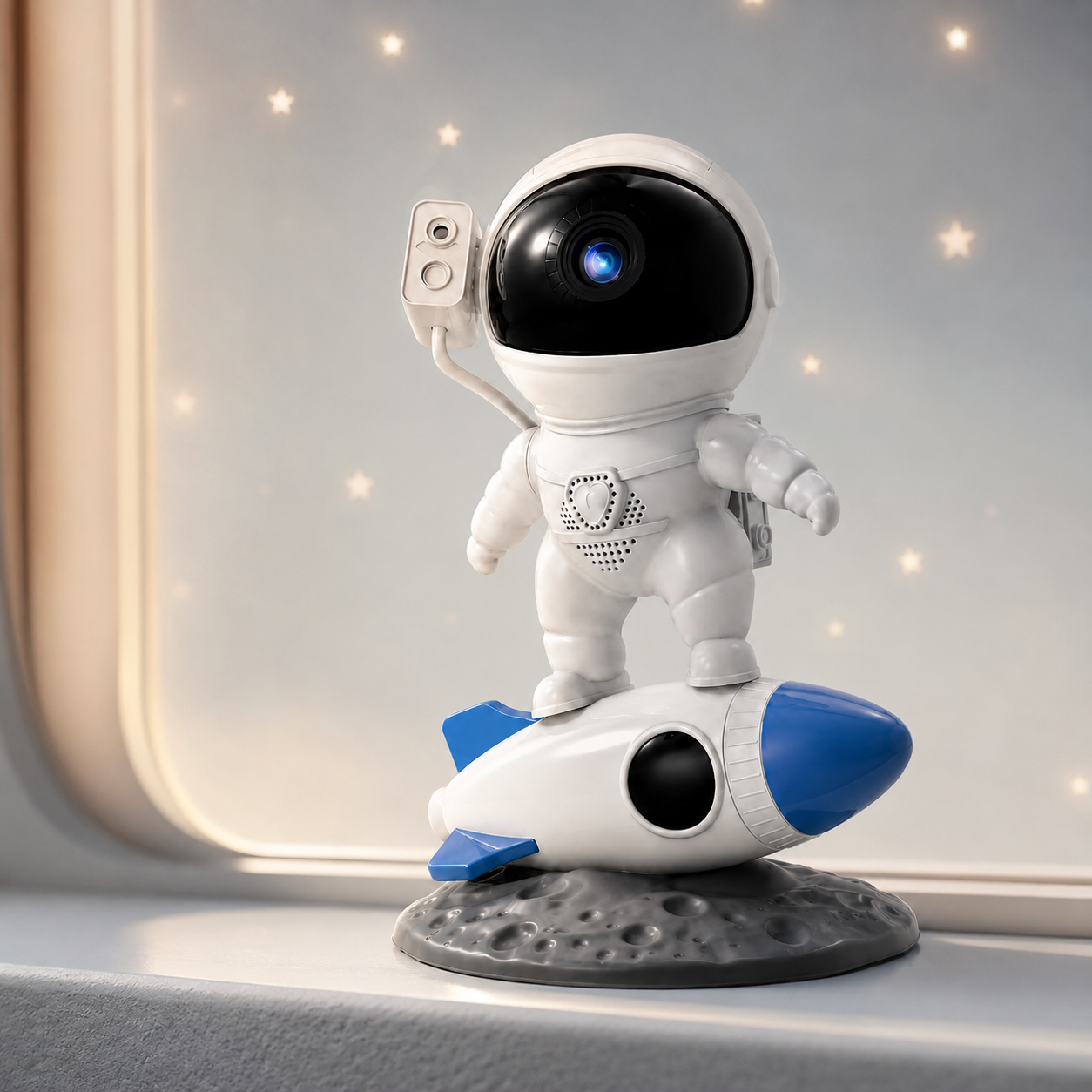 Projecteur astronaute LED en forme d’astronaute sur une fusée lumineuse, présenté en gros plan sur un rebord de fenêtre avec un fond étoilé. Cette veilleuse décorative au design spatial diffuse une lumière douce et crée une ambiance apaisante, parfaite pour une chambre d’enfant ou un cadeau original.