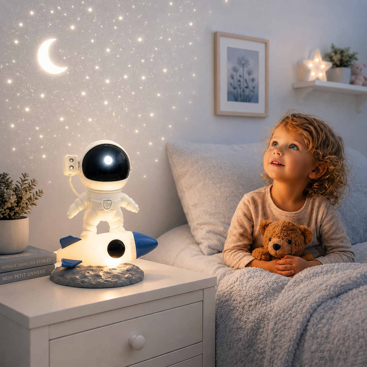 Projecteur astronaute LED en forme d’astronaute sur une fusée lumineuse, installé sur une table de chevet blanche dans une chambre d’enfant. Une fillette serre son ourson en regardant un ciel étoilé projeté au mur, créant une ambiance douce, rassurante et idéale pour l’endormissement.
