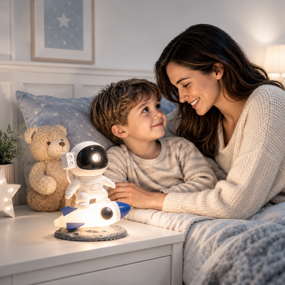 Projecteur astronaute LED en forme d’astronaute sur une fusée lumineuse, posé sur une table de chevet dans une chambre d’enfant. Une maman partage un tendre moment avec son fils avant le coucher, dans une ambiance chaleureuse et apaisante créée par la veilleuse décorative.