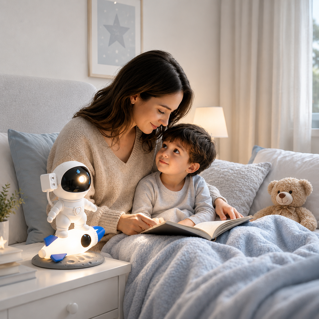 Projecteur astronaute LED en forme d’astronaute sur une fusée lumineuse, posé sur une table de chevet dans une chambre d’enfant. Une maman lit une histoire avec son jeune garçon avant le coucher, créant un moment de complicité dans une ambiance douce, chaleureuse et apaisante.