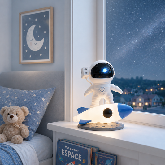 Projecteur astronaute LED en forme d’astronaute debout sur une fusée lumineuse blanche et bleue, posé sur un rebord de fenêtre dans une chambre d’enfant. À l’arrière-plan, un ciel étoilé visible par la fenêtre crée une ambiance douce et apaisante, idéale comme veilleuse décorative pour accompagner le coucher des enfants.