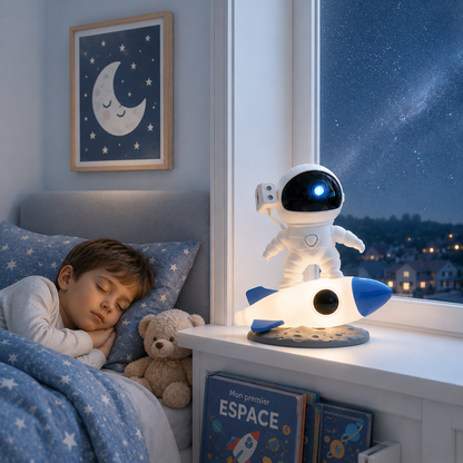 Projecteur astronaute LED en forme d’astronaute sur une fusée lumineuse blanche et bleue, installé sur un rebord de fenêtre dans une chambre d’enfant. Un jeune garçon dort paisiblement avec son ourson en peluche tandis qu’un ciel étoilé illumine la nuit, créant une ambiance réconfortante et propice à l’endormissement.
