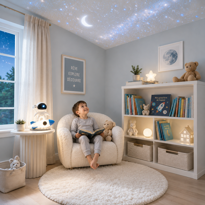 Projecteur astronaute LED projetant un ciel étoilé au plafond d’une chambre d’enfant. Un jeune garçon assis dans un fauteuil lit un livre avec son ourson en peluche, tandis que la veilleuse astronaute sur sa fusée diffuse une lumière douce créant une ambiance apaisante, idéale pour la lecture et le coucher.