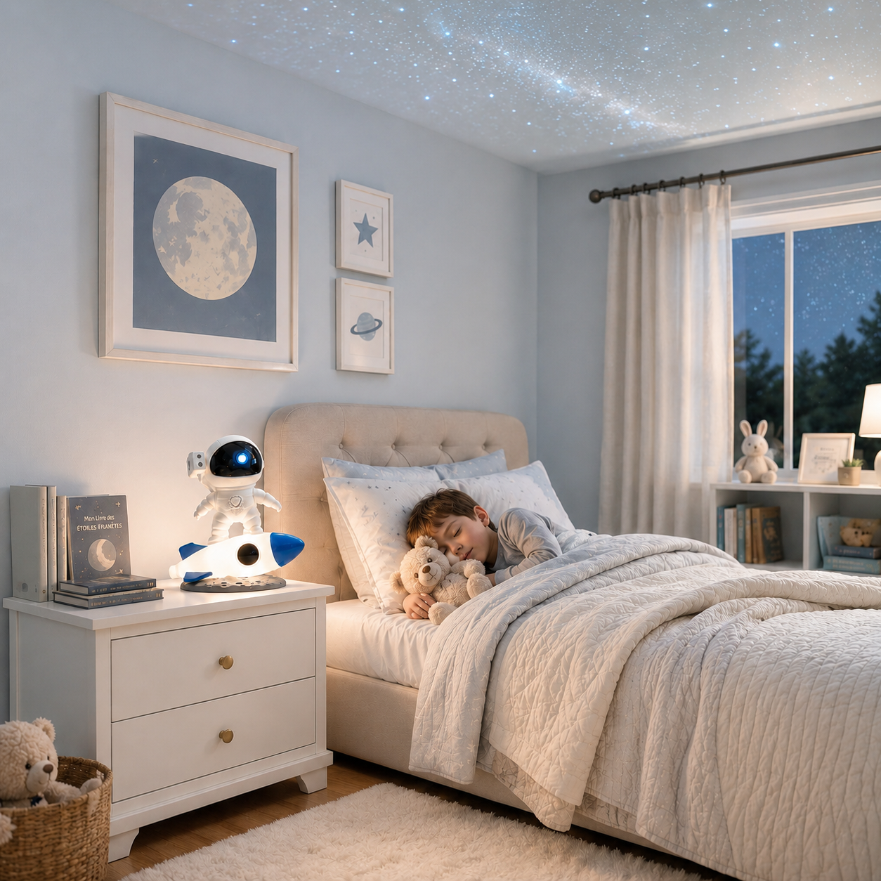 Projecteur astronaute LED en forme d’astronaute sur une fusée lumineuse, posé sur une table de chevet dans une chambre d’enfant. Un jeune enfant dort paisiblement avec son ourson sous un plafond illuminé d’un ciel étoilé, créant une ambiance douce, rassurante et idéale pour favoriser un sommeil apaisé.